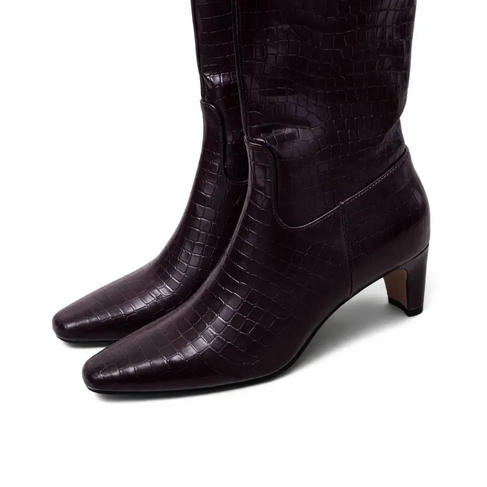Splendid Jett Knee High Boots Burgundy Croc Embossed Side Zip Size 7.5